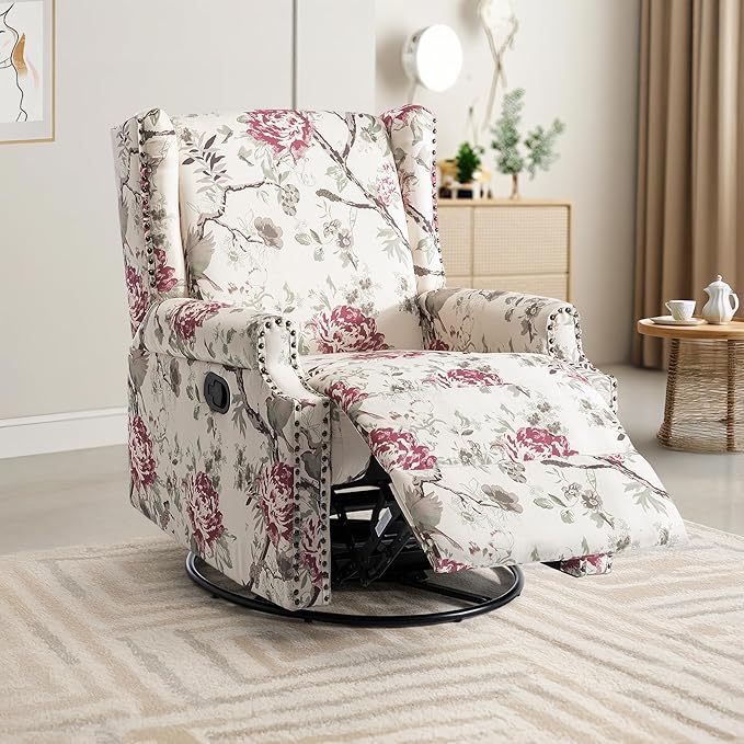 UIXE Swivel Rocker Manual Recliner Chairs Set of 2, Wingback Swivel Glider Fabric Nursery Reclining Sofa Chair, High Back Upholstered Arm Chair for Living Room Bedroom - Beige Floral