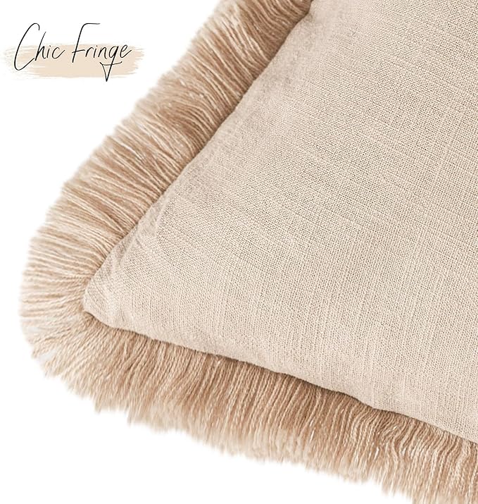 Foindtower Decorative Linen Fringe Throw Pillow Covers Cozy Boho Farmhouse Cushion Cover with Tassels Soft Accent Pillowcase for Chair Sofa Bed Living Room Home Decor, 16×16 Inch, 1PC,Tan Beige