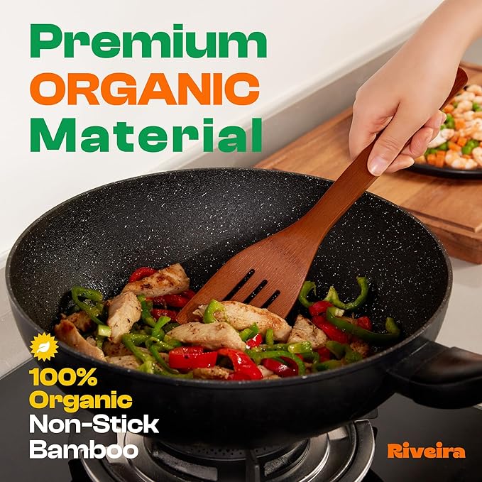 Riveira Premium Brown Bamboo Wooden Spoons for Cooking Set of 6 – Premium Brown Bamboo Wooden Cooking Utensils, Wooden Spatula, Wooden Spoon - Premium Quality Wooden Utensil Set for Non-Toxic Cooking