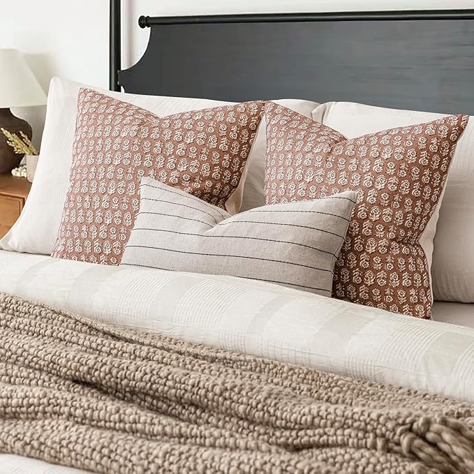 Foindtower Set of 2 Decorative Vintage Floral Print Throw Pillow Covers Neutral Farmhouse Cushion Covers Boho Home Decor for Sofa Couch Chair Bedroom Living Room,22×22 Inch,Light Orange Brown