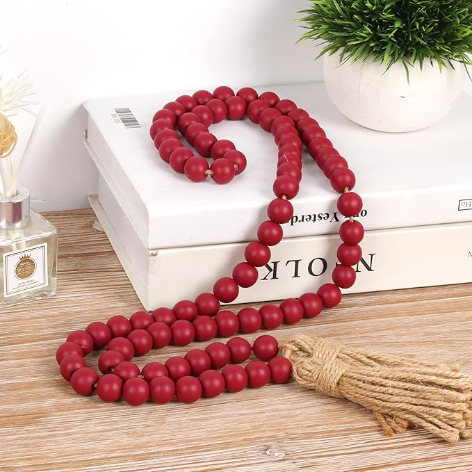 58in Wood Bead Garland with Tassels, Farmhouse Rustic Country Decor Prayer Boho Wall Hanging Decoration (Burgundy)