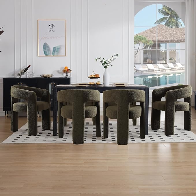 Green Sherpa Dining Chairs Set of 2, Modern Barrel Dining Room Chairs Upholstered Faux Fur Accent Chair with Arms and Round Back for Living Room Kitchen Armchair No Assembly Needed