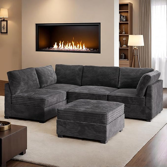 HOOOWOOO Modular Sectional Sofa,5 Pieces Sectional Couches for Living Room,98X55 L Shaped Cloud Couch with Ottoman Chaise Set(Grey Velvet Corduroy)