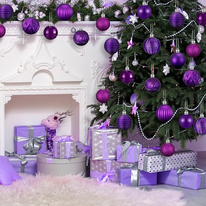 64 Pcs Purple Christmas Ball Ornaments 1.6/1.97/2.4 Inch Dark Purple Christmas Tree Decorations Shatterproof Plastic Xmas Bulbs Ornament for Tree Wreath Indoor Holiday Decor