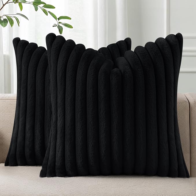Pallene Faux Fur Plush Throw Pillow Covers 20x20 Set of 2, Luxury Soft Fluffy Striped Decorative Pillow Covers for Sofa, Couch, Living Room, Black