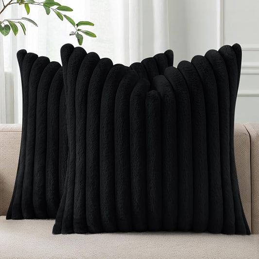 Pallene Faux Fur Plush Throw Pillow Covers 20x20 Set of 2, Luxury Soft Fluffy Striped Decorative Pillow Covers for Sofa, Couch, Living Room, Black