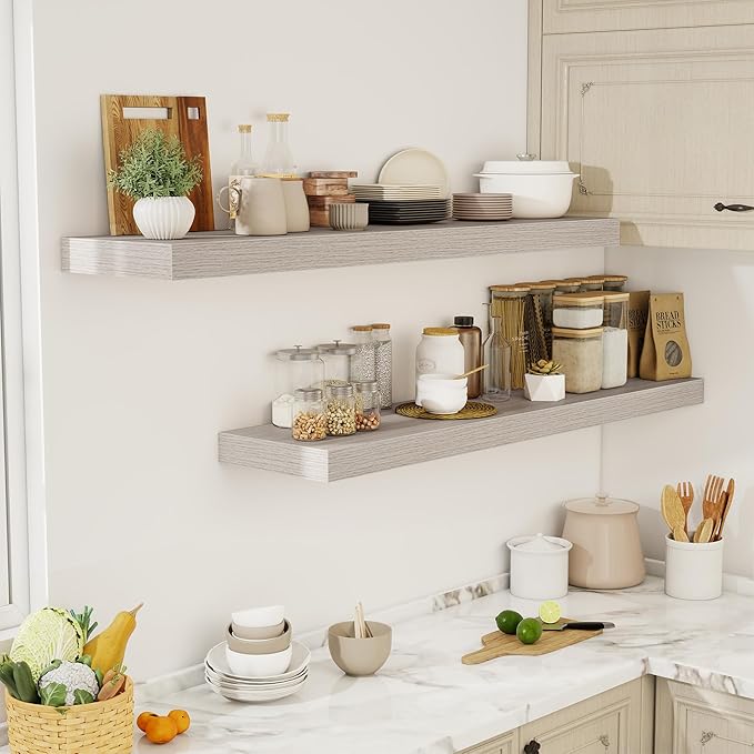 55 Inch Floating Shelves, 12" Deep Floating Shelf Wall Mounted, 55" Wall Shelves, Rustic Deep Bookshelf, Extra Deeper & Thicker Display Shelves for Bedroom, Living Room, Gray, Set of 2