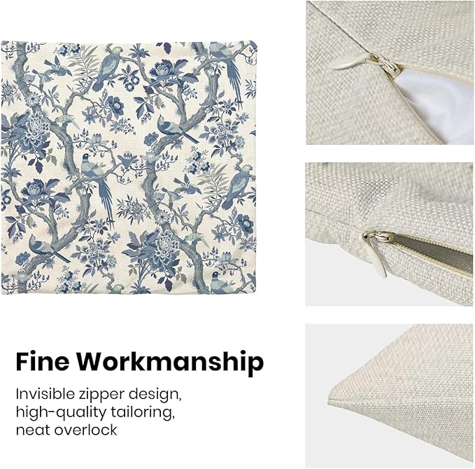 CXMEIFLY Spring Pillow Covers 18 x 18 Inch Set of 2 for Navy Blue Chinoiserie Flowers Bird Decor Throw Pillows Vintage Floral Plant Outdoor Decorative Cushion Cases for Couch Bed Decorations