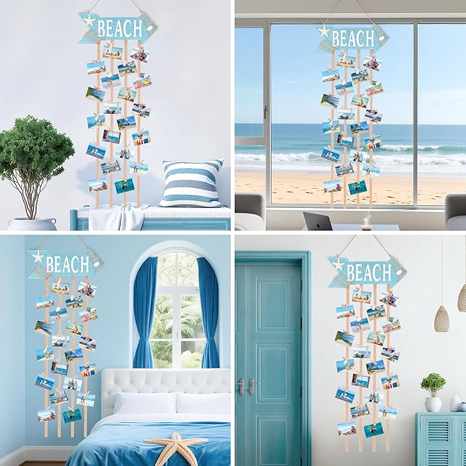 Coastal Style Hanging Photo Display Holder with 30 Clips (10 Shell Clips), Wooden Frames Wall Picture Organizer for Beach Decor, Collage Display, Postcards, Holiday Cards & Home Decoration