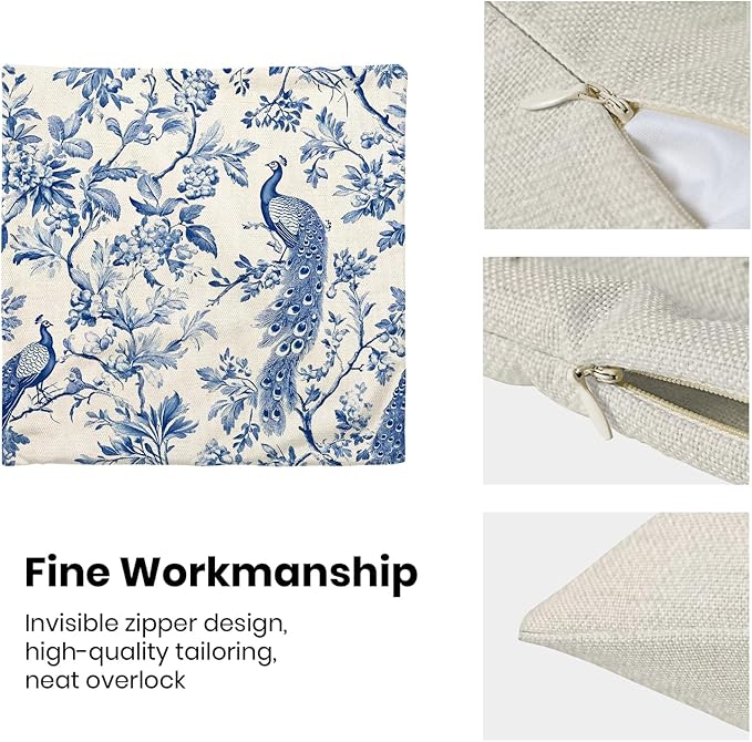 Navy Blue Spring Floral Pillow Covers 18 x 18 Inch Set of 2 for Chinoiserie Flowers Bird Decor Throw Pillows Vintage Plant Farmhouse Outdoor Decorative Cushion Cases for Couch Bed Decorations