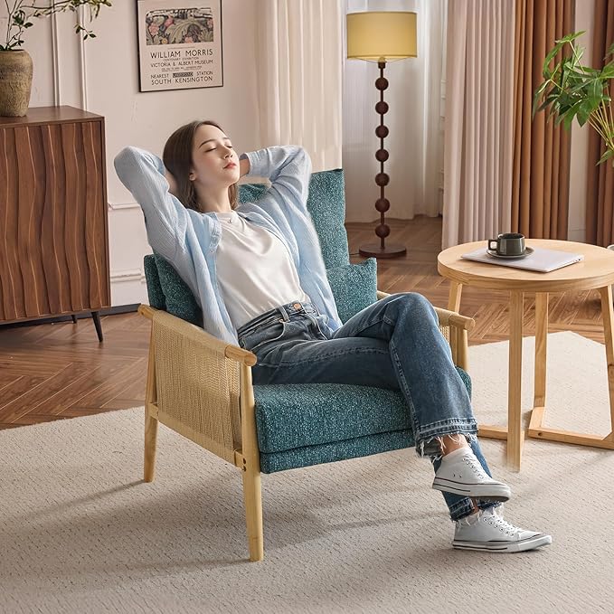 VINGLI Boho Braid Accent Armchair,Mid-Century Modern Chiar with Solid Wooden Armrest,Comfy Louge Cushion Chair with Waist Pillow for Bedroom,Living Room,Reading Room, Teal