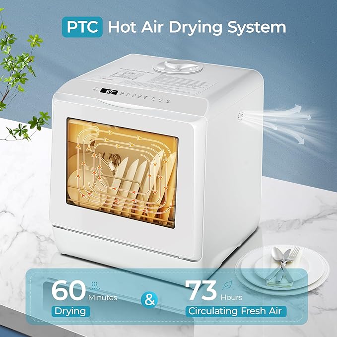 EUHOMY Portable Dishwasher Countertop Dishwasher, Mini Dishwasher Countertop with 5L Built-in Water Tank with 6 Modes, White, Table top dish washer with Baby Care for Apartment & RVs, No Hookup Needed