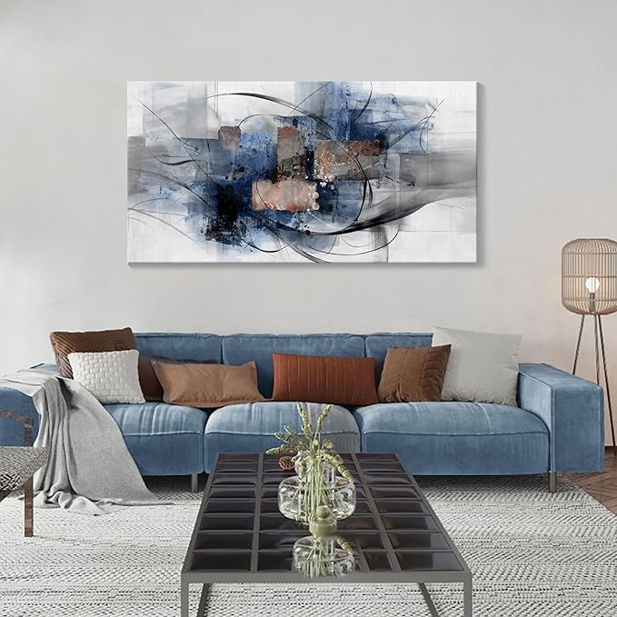 Mofutinpo Canvas Wall Art for Living Room, Bedroom, Office - Large Wall Art Decor - Abstract Wall Art - Modern Black and White Paintings,Blue and Grey Wall Decor, Artwork and Pictures for Wall 24×48