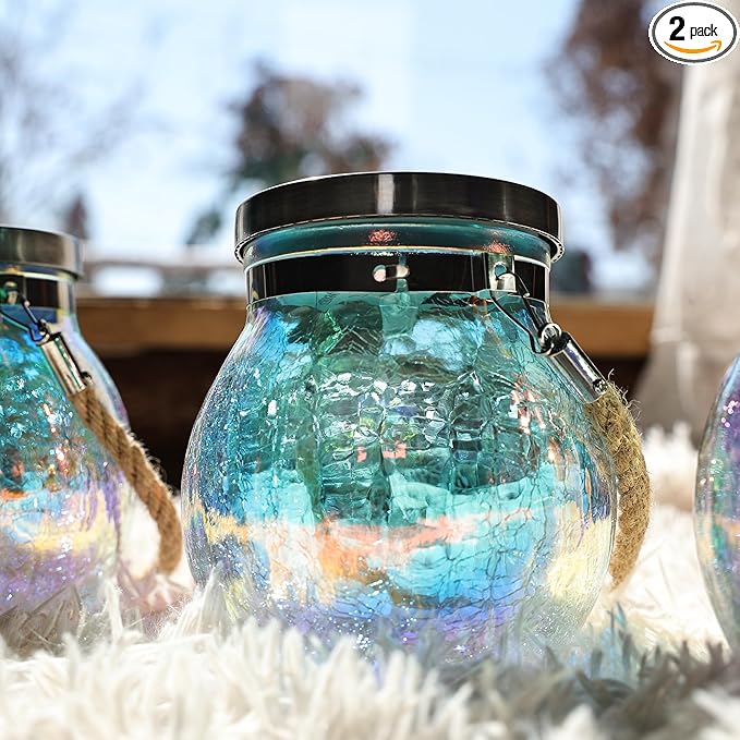 Cooo 2 Pack Solar Lantern Outdoor Waterproof Iridescent Crackle Glass with 215% Larger Solar Panel, Stainless Steel Lid – Rainbow Glass Hanging Light with Cool White LED for Garden Patio Table