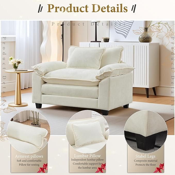 URRED Modular Sectional Sofa Comfy Cloud Couch, Modern Chenille Sofa Sleeper Deep Seat Couches with Ottoman/Pillows for Living Room (White, 53'')