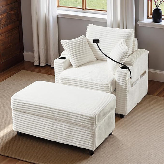 Accent Chair with Storage Ottoman Upholstered Living Room Chairs for Reading Chair with Chaise Lounge Chairs Indoor, Comfortable Armchair for Bedroom