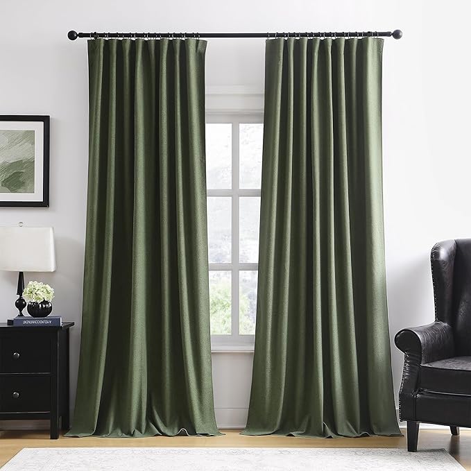 RAIN CITY Extra Wide Linen Blackout Curtains & Drapes with Hooks 70 in Width for 60&72 Inch Window 2 Panels,Back Tab Pleated Curtains for Track System Sliding Glass Door 70x96,Loden Olive Green