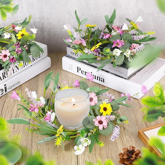 6 Pcs Spring Summer Artificial Flowered Swag Wreaths 3" Mini Floral Daisy Hanging Wreaths for Kitchen Cabinets Pillar Candle Holder Wreath for Wedding Farmhouse Porch Wall Window Door Tabletop Decor