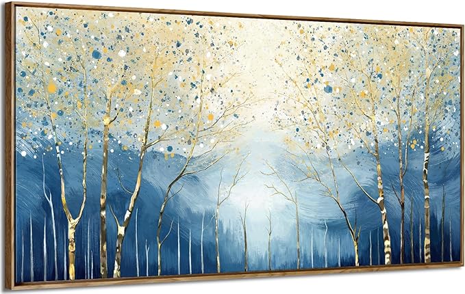 amatop Large Framed Abstract Canvas Wall Art Navy Blue Art Print Modern Nature Tree of Life Artwork Birch Contemporary Landscape Picture for Office Living Room Bedroom Hallway Home Decor 48x24 Inch