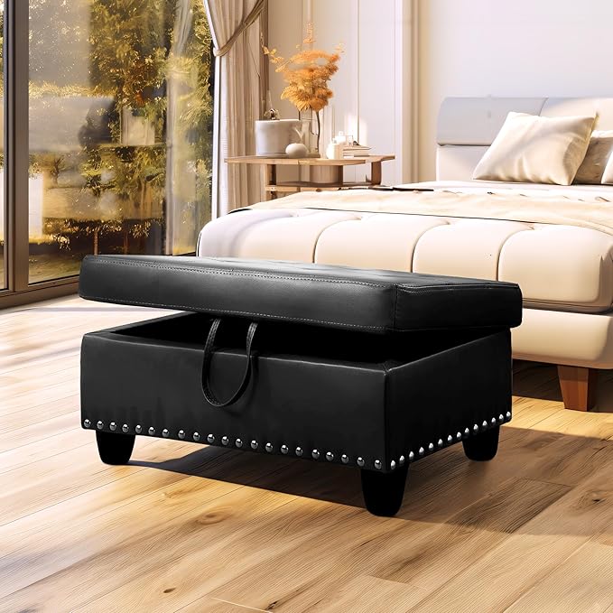 Ottoman Rectangular Storage Ottoman Bench, Faux Leather Footrest, Coffee Table, Stool Footstool with Hinged Lid for Living Room, Bedroom, Entryway, Black, 28.5"x19"x17.5"