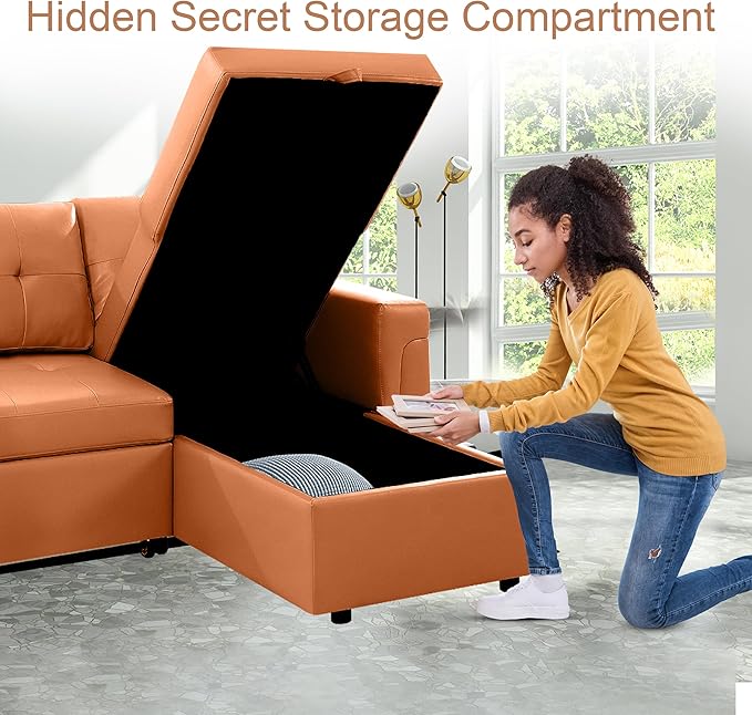 Naomi Home Transform Any Space: Sleeper Sectional Sofa with Convertible Sofa Bed & Inviting Chaise. Find Tranquil Comfort with Stress-Relieving Design & Durable Cushions - Caramel,Air Leather