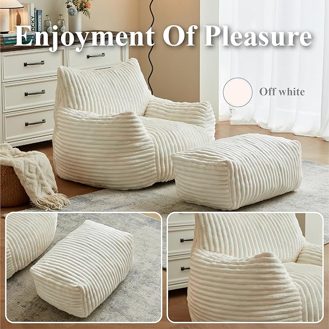 Premium Beige Bean Bag Chair for Adults with Armrest- Ultra Plush Memory Foam Lounge Sofa & Comfy Reading Nook Chair for Bedroom, Living Room & Dorm (White, Without Pedals)