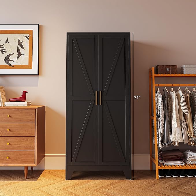 71'' Farmhouse Metal Storage Cabinet with Barn Doors,Steel File Cabinet for Home Office,Kitchen Pantry 4 Adjustable Shelves,Freestanding Cupboard for Kitchen,Home Office (Black)