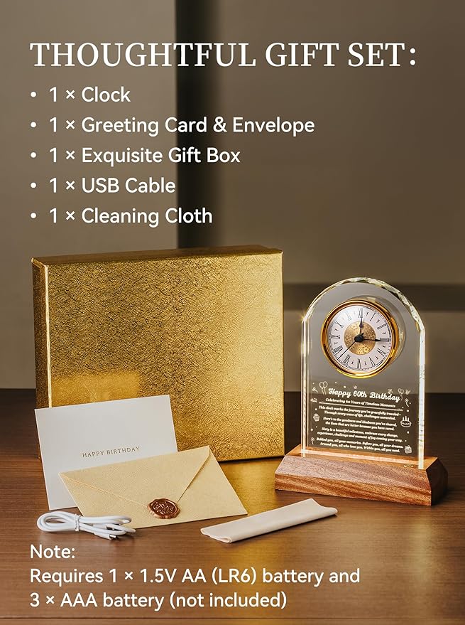60th Birthday Clock Gifts for Women and Men – Gift for 60 Year Old Mom, Dad, Grandma, or Grandpa with Wooden LED Light Base – Birthday Present Ideas for Her or Him with Gift Box Battery Not Included