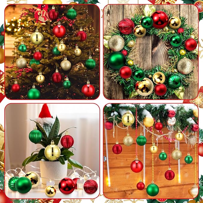 64 Pcs Christmas Ball Ornaments for Christmas Tree Glitter Red Gold Green Ball Ornament Hanging Christmas Decoration Assorted Size Christmas Ornament for Party Supplies, 1.6/1.97/2.4 Inch