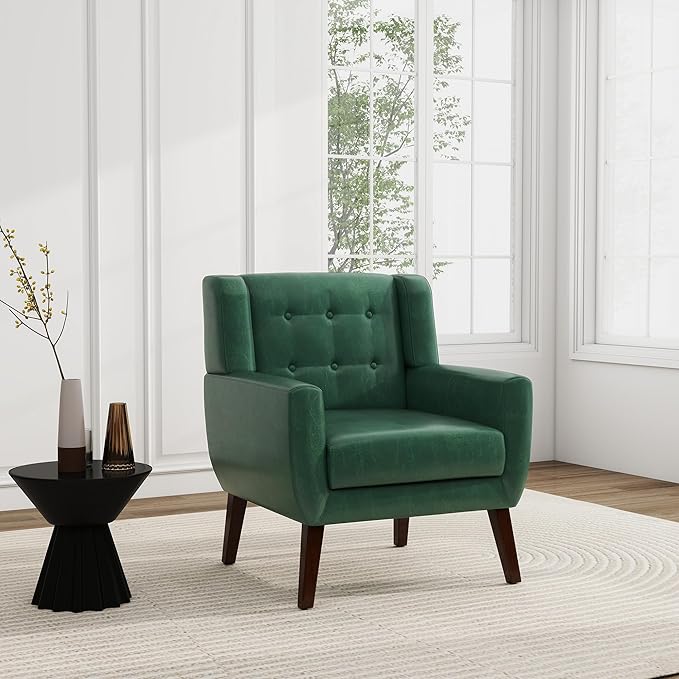 UIXE PU Leather Accent Chairs Set of 2, Modern Arm Club Chair Upholstered Armchair for Living Room, Comfy Single Sofa Seats Button Tufted Reading Seating, Green