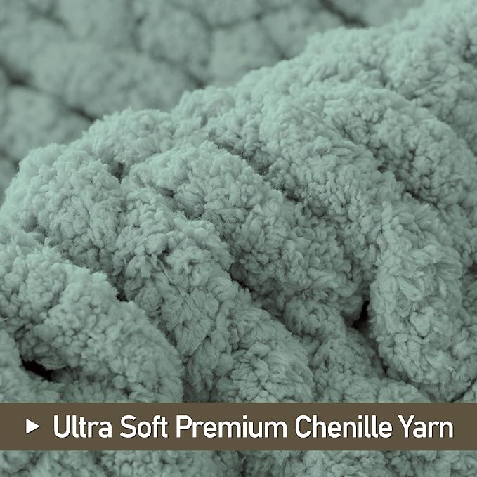 Chunky Knit Throw Blanket 50"X 60", 100% Handmade with Soft Chenille Yarn, 4.4lbs Thick Cable Knitted Blankets, Large Rope Knot Crochet Throws for Couch Sofa Bed Home Decor, Sage Green