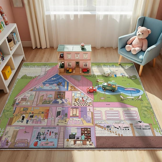 5x7ft Kids Doll House Play Rug,Non-Slip Faux Wool Carpet with Interactive English Words, Educational House Rooms Design for Playroom, Bedroom, Nursery Gift