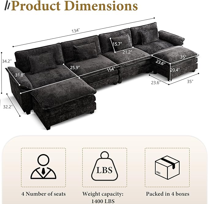 URRED Modular Sectional Sofa Comfy Cloud Couch, Modern Chenille Sofa Sleeper Deep Seat Couches with Ottoman/Pillows for Living Room (Black, 154'' - U Shape)