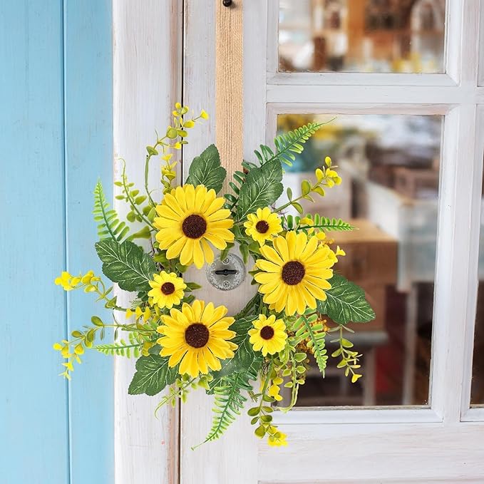6 Pcs Mini Sunflower Wreath for Front Door Artificial Sunflower Spring Summer Swag Wreath Fake Yellow Floral Candle Rings Wreaths for Pillars Cabinets Window Home Wall Décor