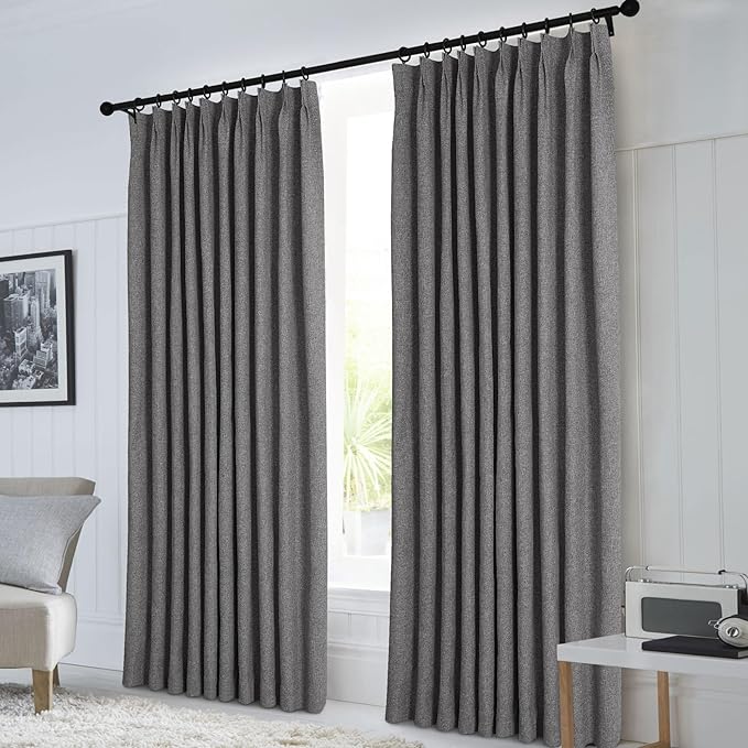 Macochico 100”Wx96”L Pinch Pleated 100% Blackout Linen Curtains Thermal Sliding Curtains for Bedroom Living Room Sliding Glass Door Farmhouse Shabby Chic Natural Grey Drapery with Tieback 1 Panel