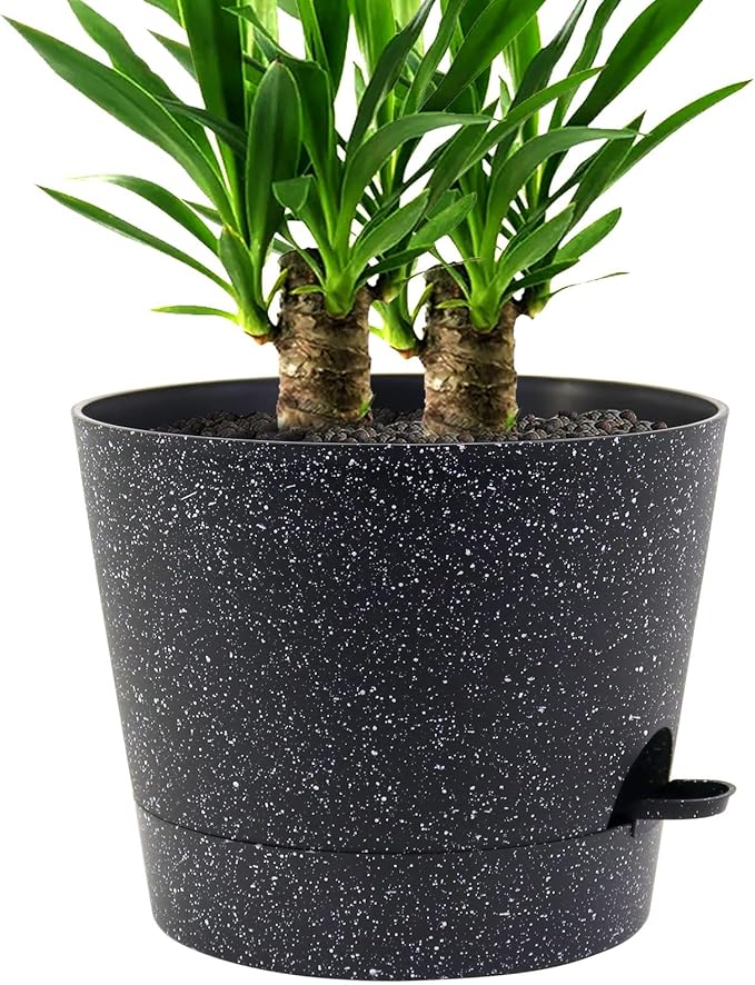 Self Watering Pots for Indoor Plants,12 inch Planters with Drainage Holes Plastic Flower Pots with Deep Reservoir, Black Speckles