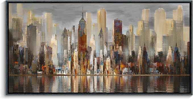 Mofutinpo Large Black Framed Cityscape New York abstract wall art Brown City Theme Paintings Modern Canvas office wall decor living room modern artwork Size 30x60