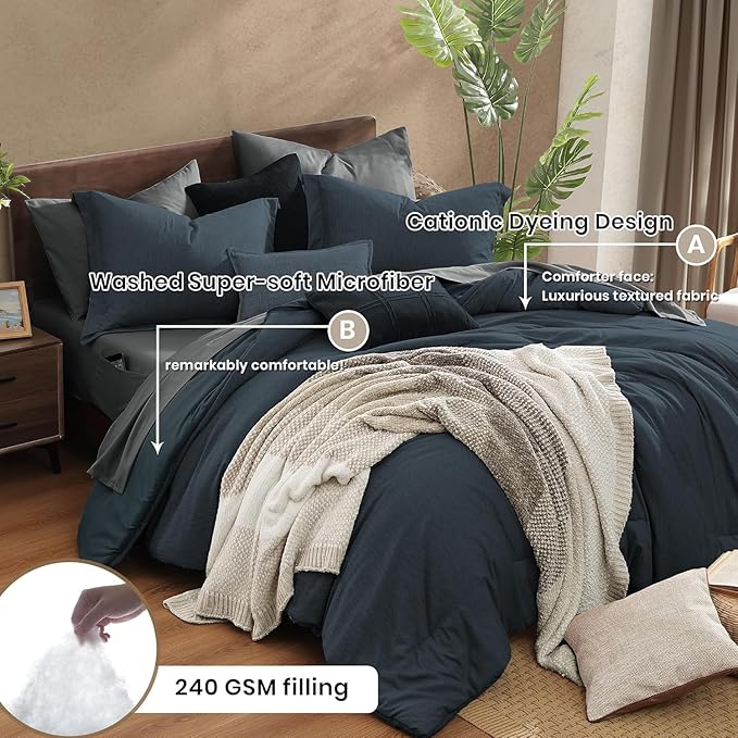 Monbix California King Comforter Set - 7 Pieces Cationic Dyeing Navy Blue Bed in a Bag Cal King Bedding Sets with Comforter, Sheets, Pillowcases & Shams, Reversible Bedding Comforters Sets(108 * 92)