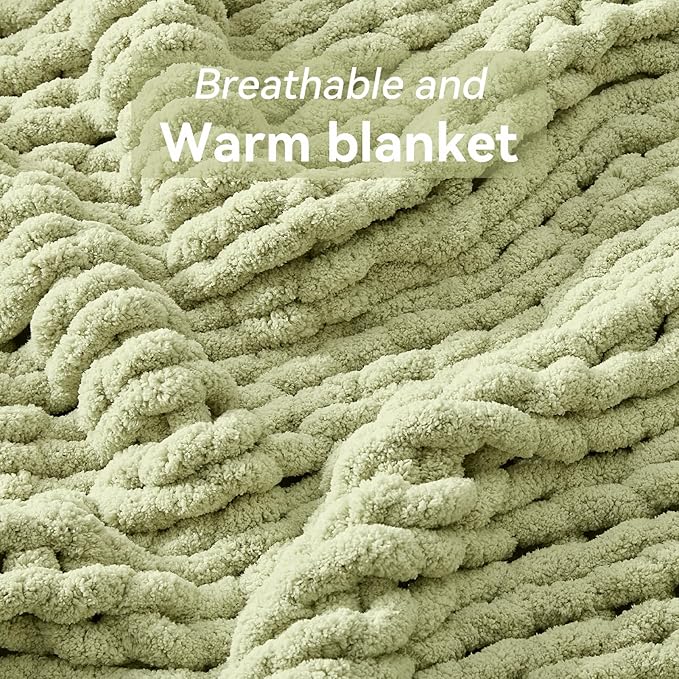 Chunky Knit Throw Blanket, 40''*50'' Knitted Throw Chenille Yarn for Bed Couch, Handmade Light Green Crochet Big Thick Blanket, Machine Washable Cute Comfy Blanket for Home Decor
