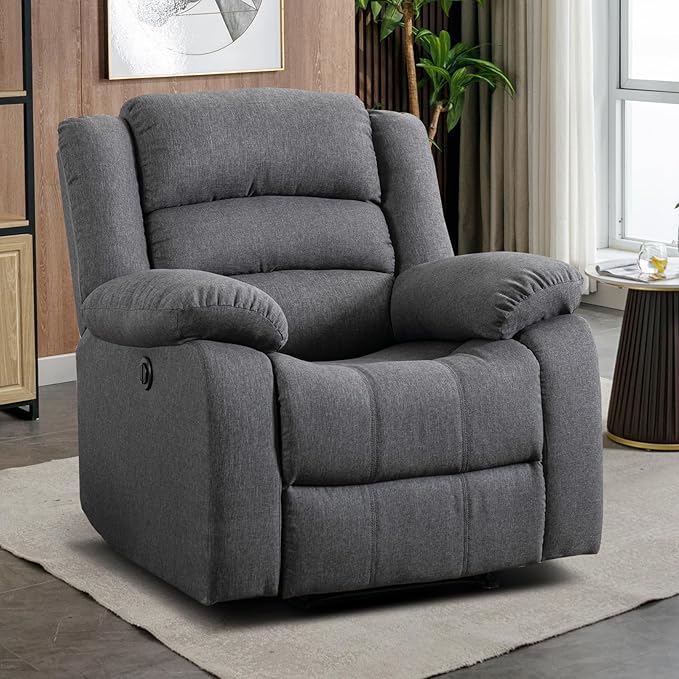 EBELLO Classic Power Recliner Chair, Oversized Electric Reclining Chair with Overstuffed Cushion and Back, Soft Fabric Adults Single Recliner Sofa for Living Room, Grey