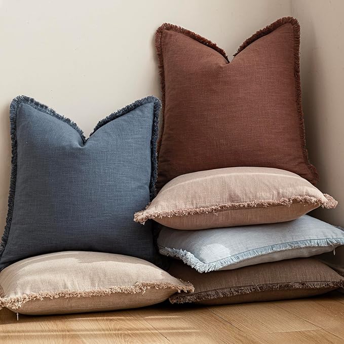 Foindtower Decorative Linen Fringe Lumbar Throw Pillow Covers Cozy Boho Farmhouse Cushion Cover with Tassel Soft Accent Pillowcase for Sofa Bed Living Room Home Decor, 12×20 Inch,1PC,Sky Blue