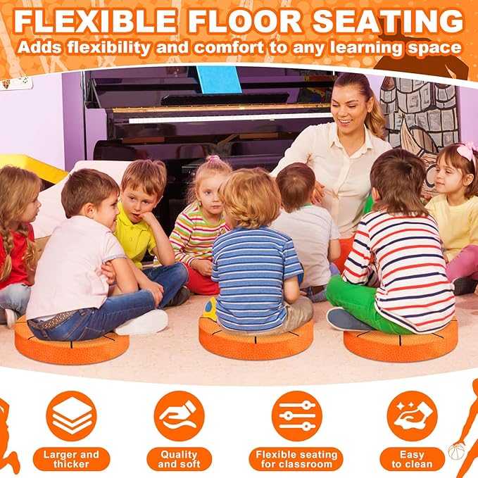 6 Pcs 15 Inch Basketball Cushions Flexible Seating Cushion for Classroom Round Floor Cushions for Kids and Toddlers Floor Sitting Pillow for School Bedroom Home Daycare Yoga Meditation