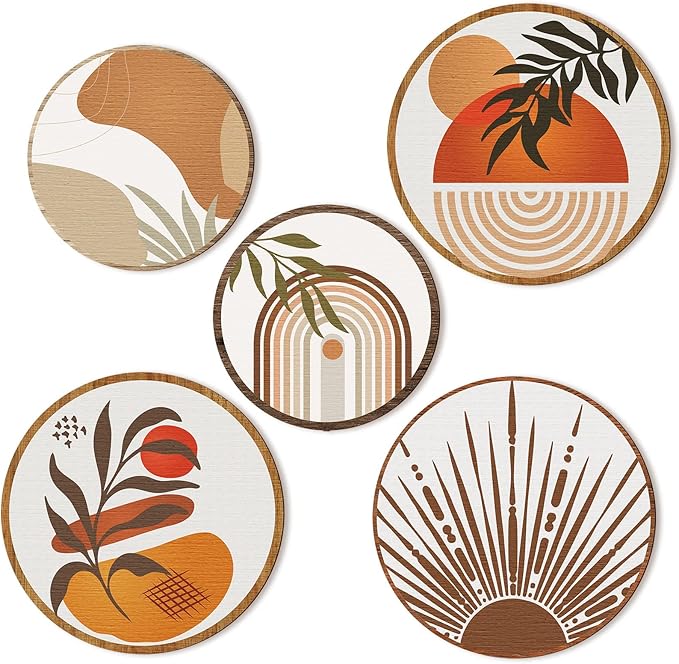 Qunclay 5 Pcs Wall Art Decor Wooden Living Room Wall Decor Bohemian Hanging Farmhouse Geometric 10'' and 8'' Aesthetic Wood Minimalist Posters for Bedroom(Boho)