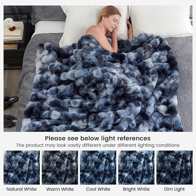 Cozy Bliss Faux Fur Throw Blanket for Couch, Fuzzy Soft Plush Thick Bubble Blanket for Sofa Bedroom Living Room, 108 * 90 Inches Tie Dye Blue