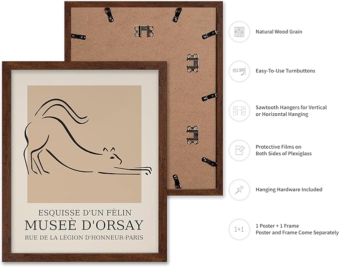 Poster Master Vintage Poster - Retro Minimalist Print - Gift for Artist, Housewarming - Cat, Line Drawing, Sketch, Abstract - Wall Decor for Living Room, Bedroom, 16x20 Brown Framed
