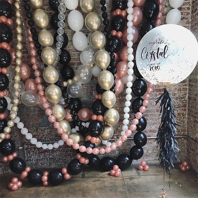 Black Linking Balloons, 100PCS Linked Balloon with Tail for Balloon Wall Arch and Chains, Quick Linkable Balloons for Wedding Birthday Baby Shower Engagement Graduation Party Decorations (10inch)