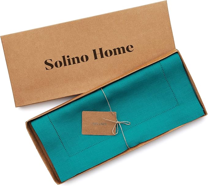 Solino Home Linen Teal Table Runner 108 Inches Long - 100% Pure Linen Hemstitch 14 x 108 Inch Table Runner for Dining, Fall, Autumn, Thanksgiving - Classic Hemstitch
