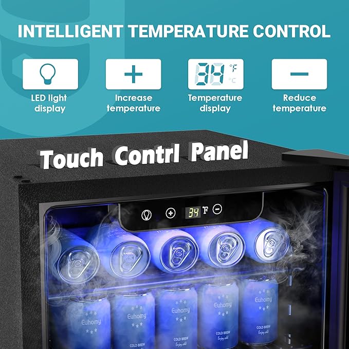 EUHOMY 100 Can Beverage Refrigerator cooler-Mini Fridge Glass Door for Beer Drinks Wines, Freestanding Beverage Fridge with Adjustable Shelves Blue LED for Home/Office/Dorm/Bar, 2.7 cu.ft