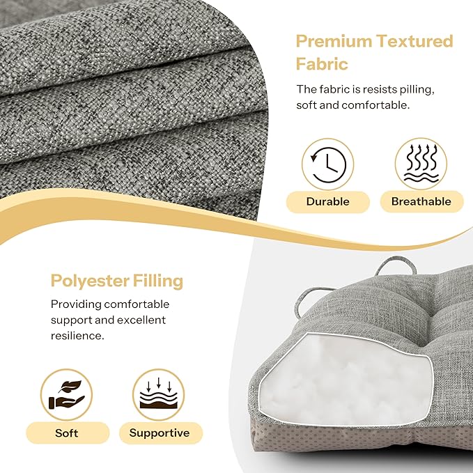 Non Slip Chair Cushions for Dining Chairs Set of 4 Kitchen Chair Cushions 18"x18"x3" Turfted Chair Pads Comfortable and Soft Seat Cushion with Ties, Light Grey