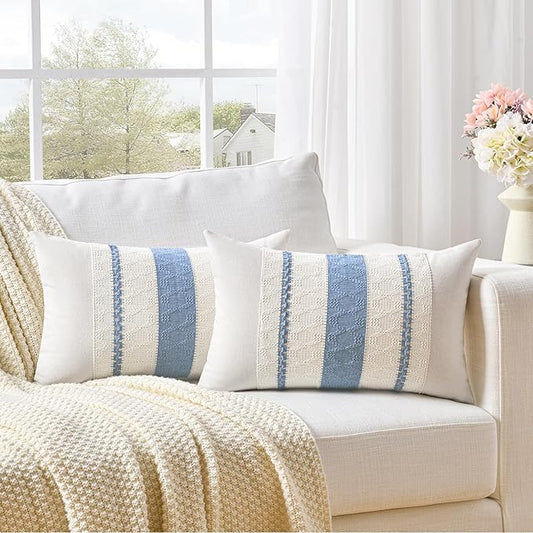 Fancy Homi Set of 2 Boho Light Blue Lumbar Decorative Throw Pillow Cover 12x20 Inch for Couch Bed Sofa Chair, Modern Organic Farmhouse Home Decor, Soft Cotton Cute Accent Rectangle Cushion Case